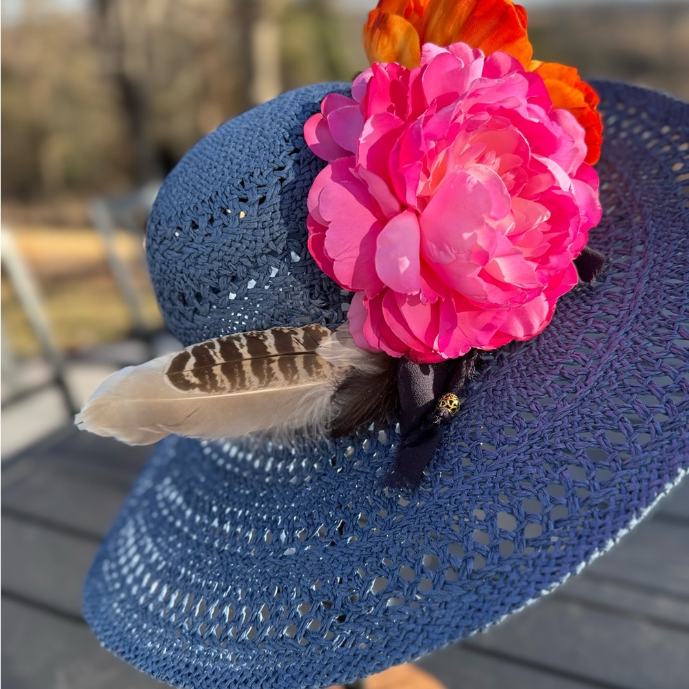 Elegant Blue Summer/Derby Party Hat with feathers & Pink and Orange Flowers - Picture 3 of 5